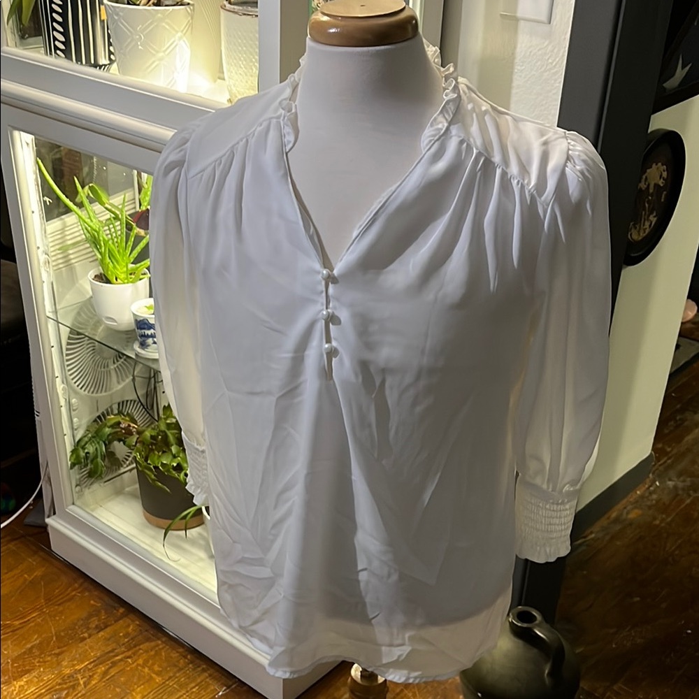 SHEIN White Blouse with V-Neck and Ruched Shoulders